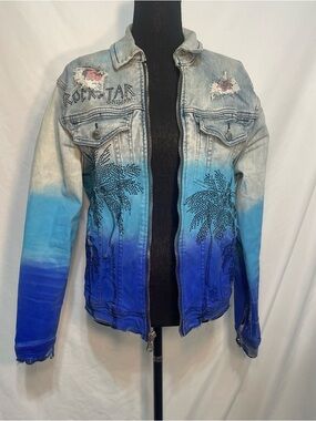 Rockstar Original Ombre Blue Palm Tree Denim Jacket. Size Small. Distressed.